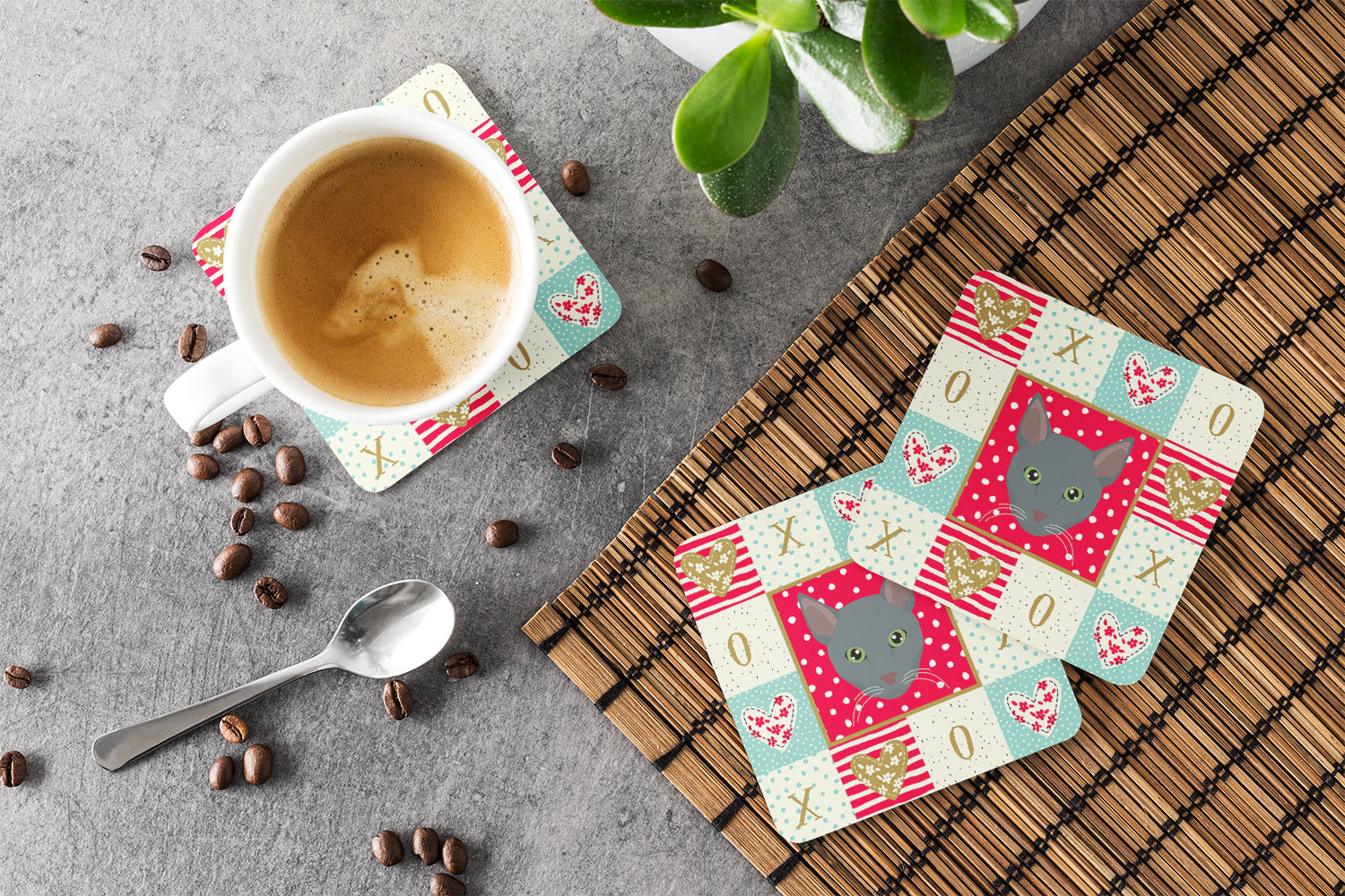 Raas Cat Love Foam Coasters Set of 4 Cup Coasters for Indoor Outdoor, Tabletop Protection, Anti Slip, Mouse pad Material