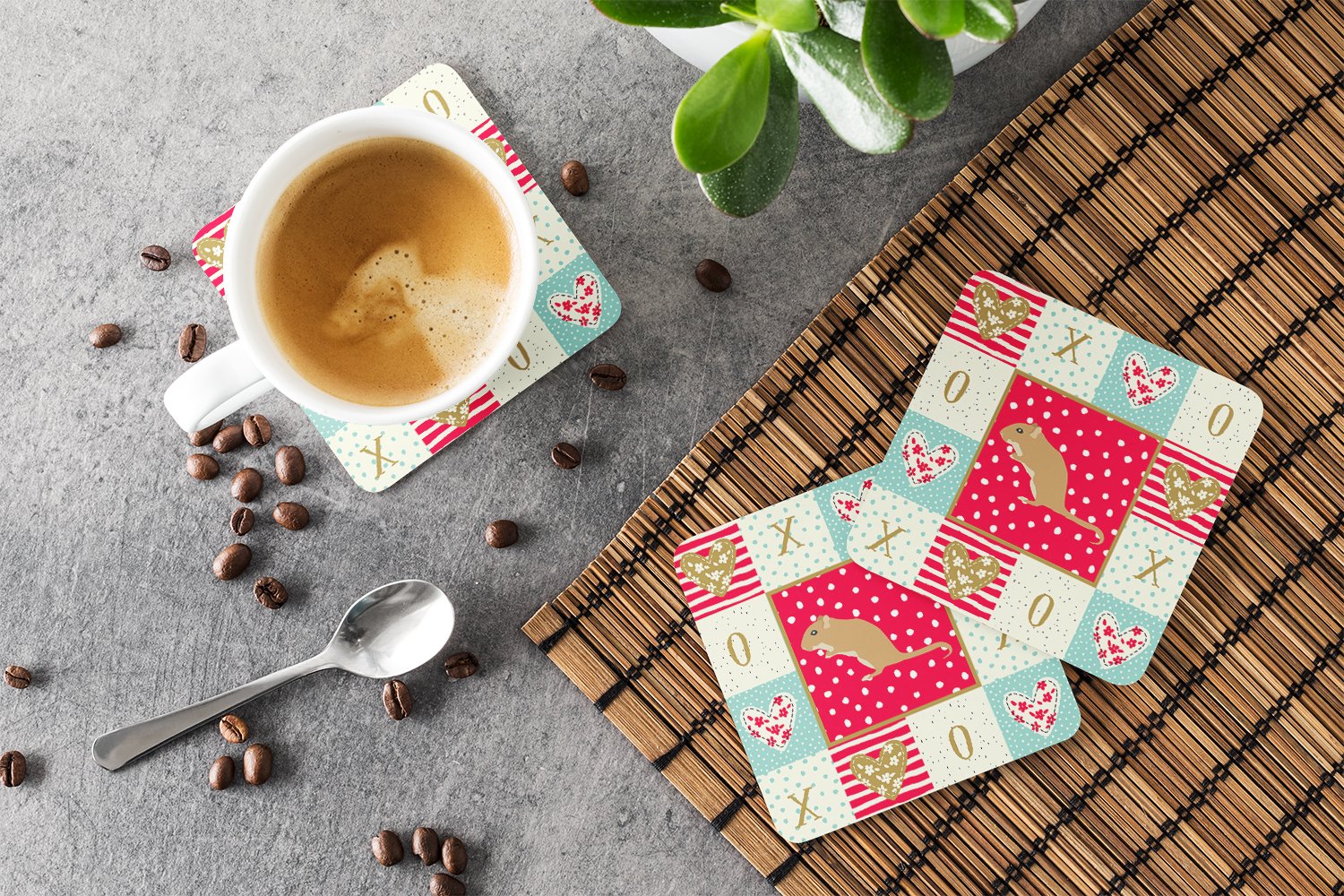 Gerbil Mouse Love Foam Coasters Set of 4 Cup Coasters for Indoor Outdoor, Tabletop Protection, Anti Slip, Mouse pad Material