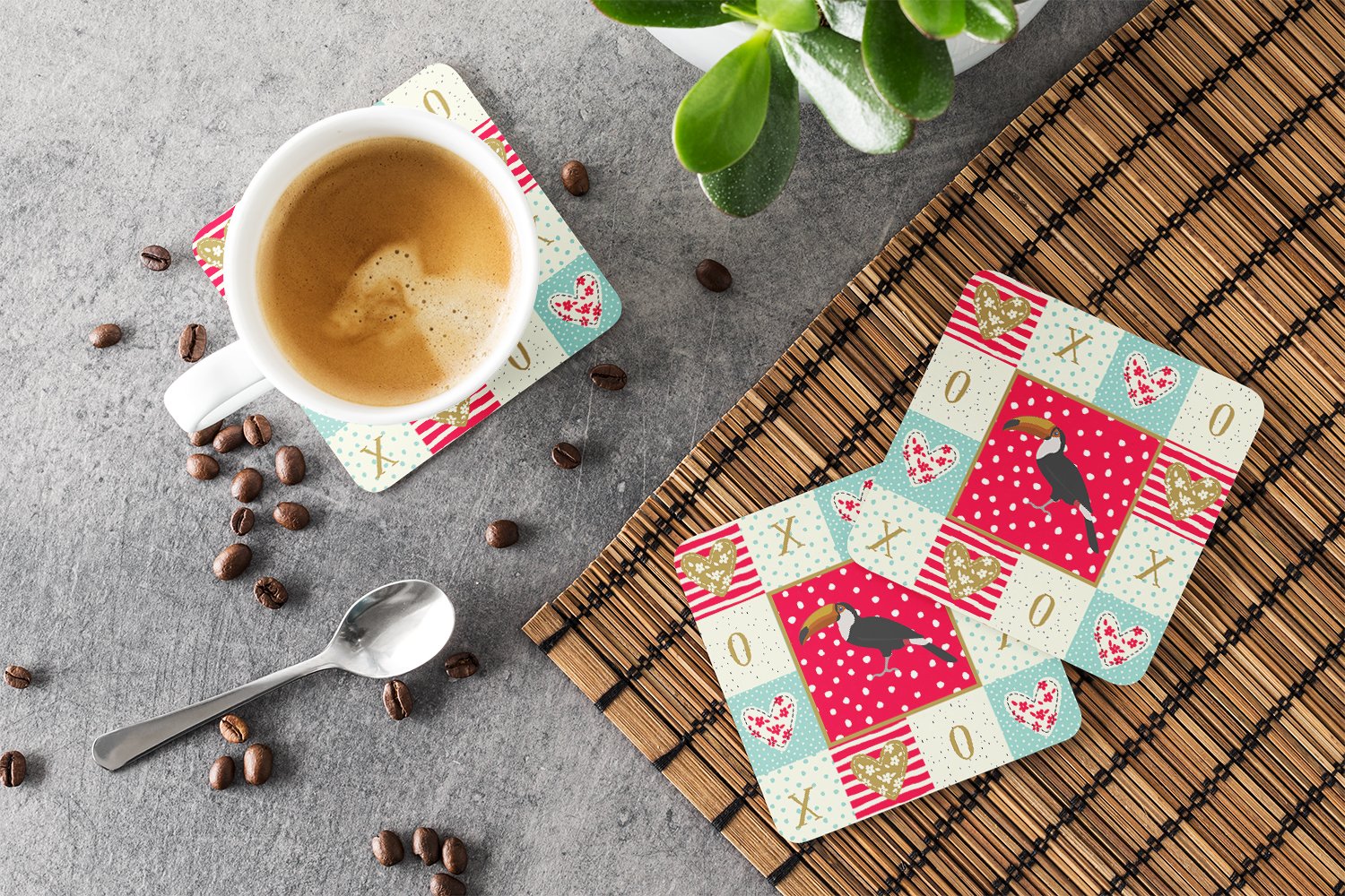 Toucan Love Foam Coasters Set of 4 Cup Coasters for Indoor Outdoor, Tabletop Protection, Anti Slip, Mouse pad Material