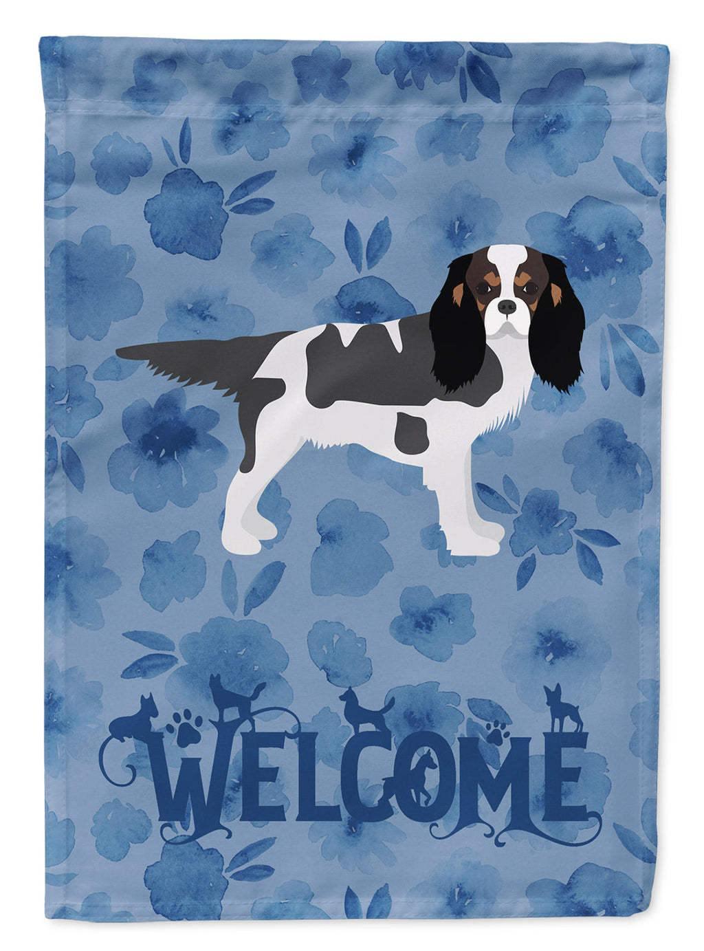 Tricolor Cavalier Spaniel Welcome House Flag 28x40 Porch Sleeve Pole Decorative Outside Yard Banner Artwork Wall Hanging, Polyester