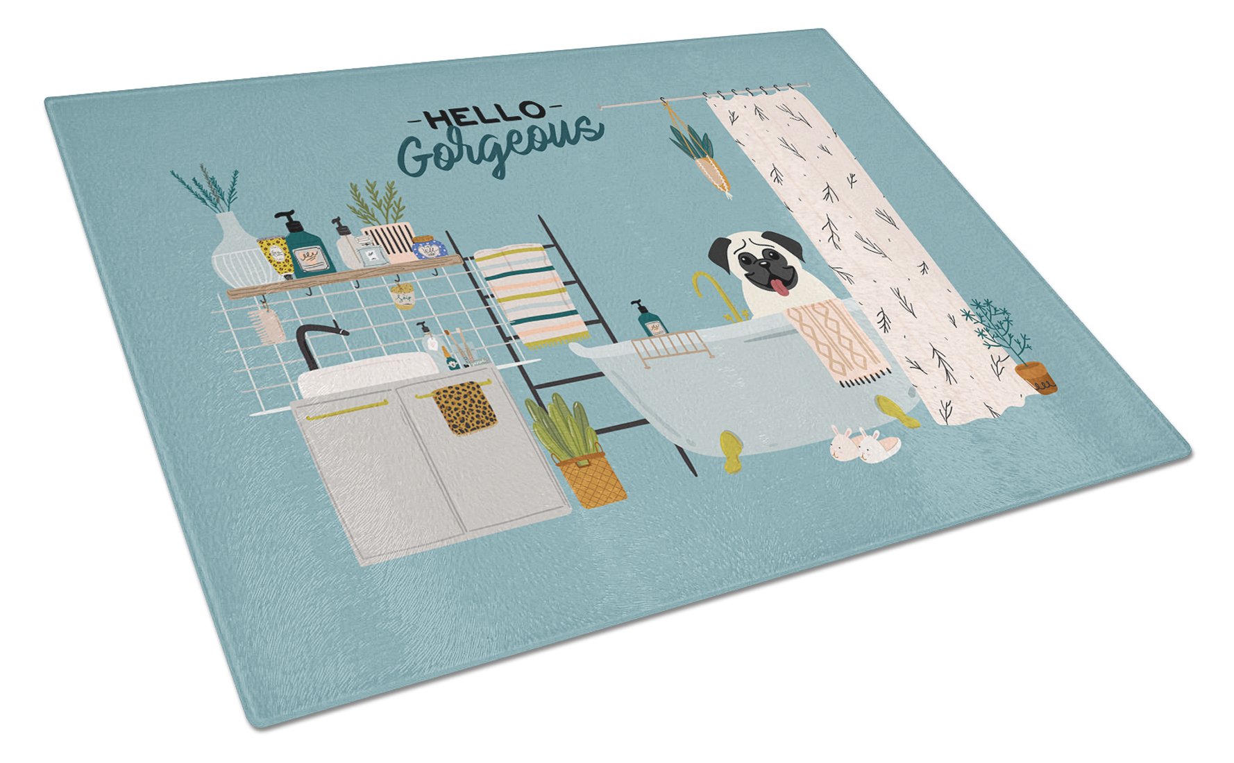 Cream Pug in Bathtub Cutting Board Tempered Glass Kitchen Cutting Surface, Heat Resistant Chopping, Non-Slip Feet, Food Prep & Serving