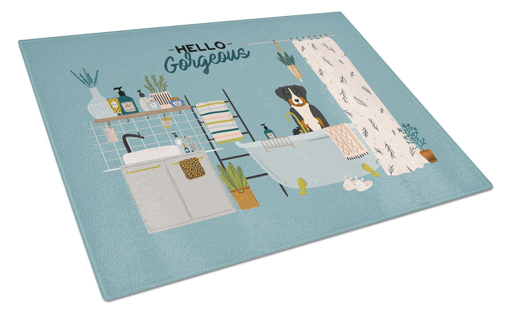 Appenzeller Sennenhund in Bathtub Cutting Board Tempered Glass Kitchen Cutting Surface, Heat Resistant Chopping, Non-Slip Feet, Food Prep & Serving