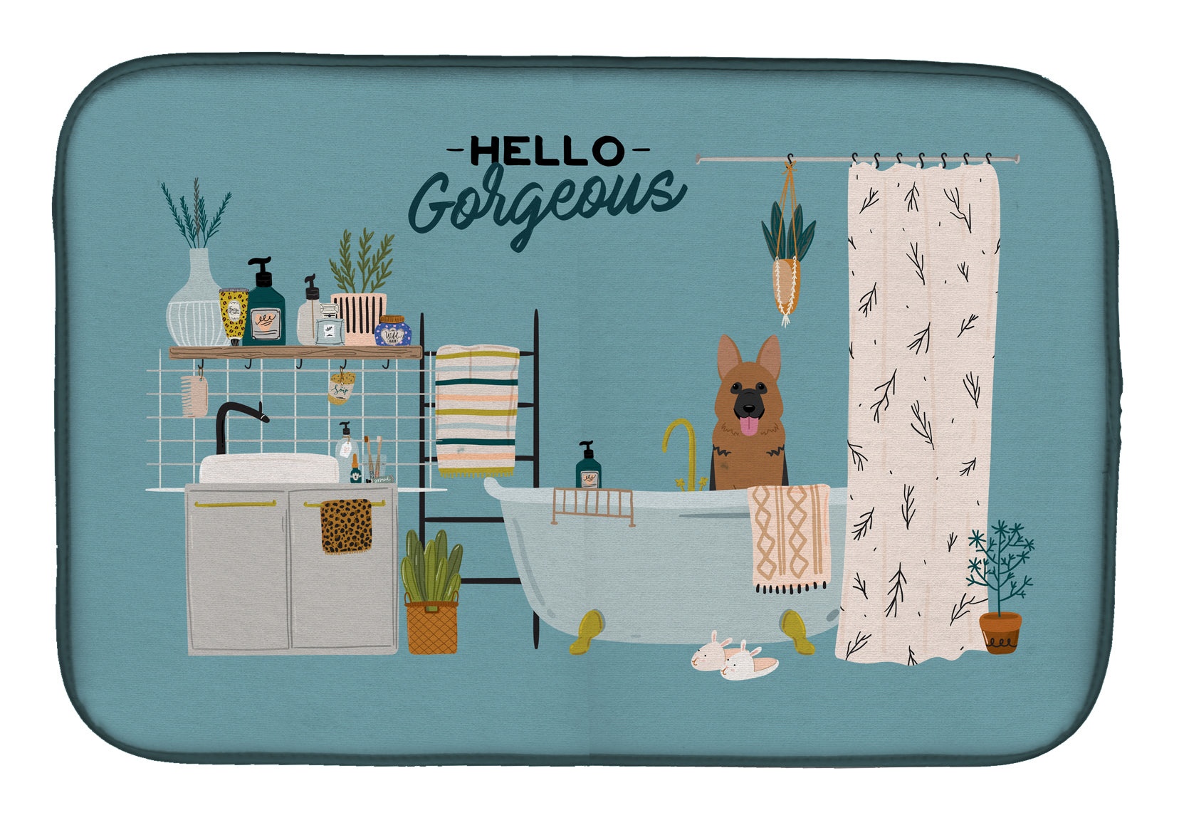 German Shepherd in Bathtub Dish Drying Mat Absorbent Dish Drying Mat Pad for Kitchen Counter Dish Drainer Mat for Countertop, 14 x 21", Multicolor