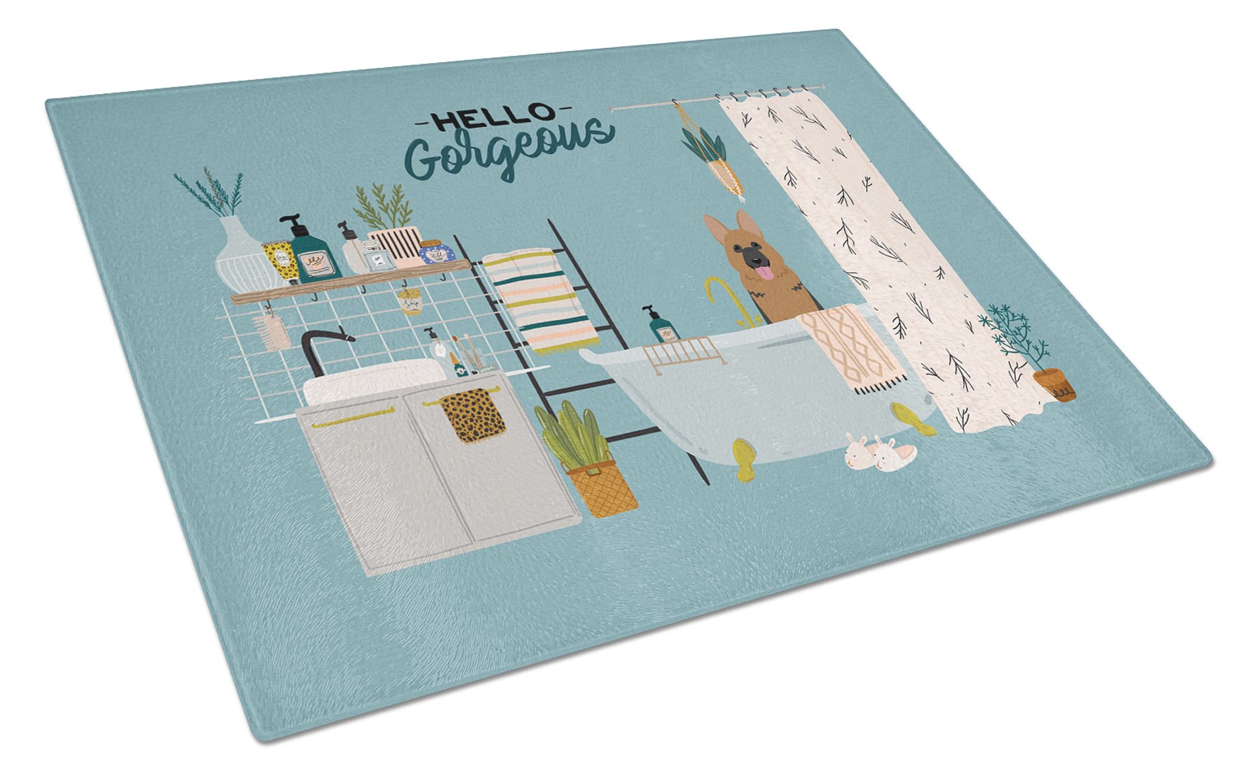 German Shepherd in Bathtub Cutting Board Tempered Glass Kitchen Cutting Surface, Heat Resistant Chopping, Non-Slip Feet, Food Prep & Serving