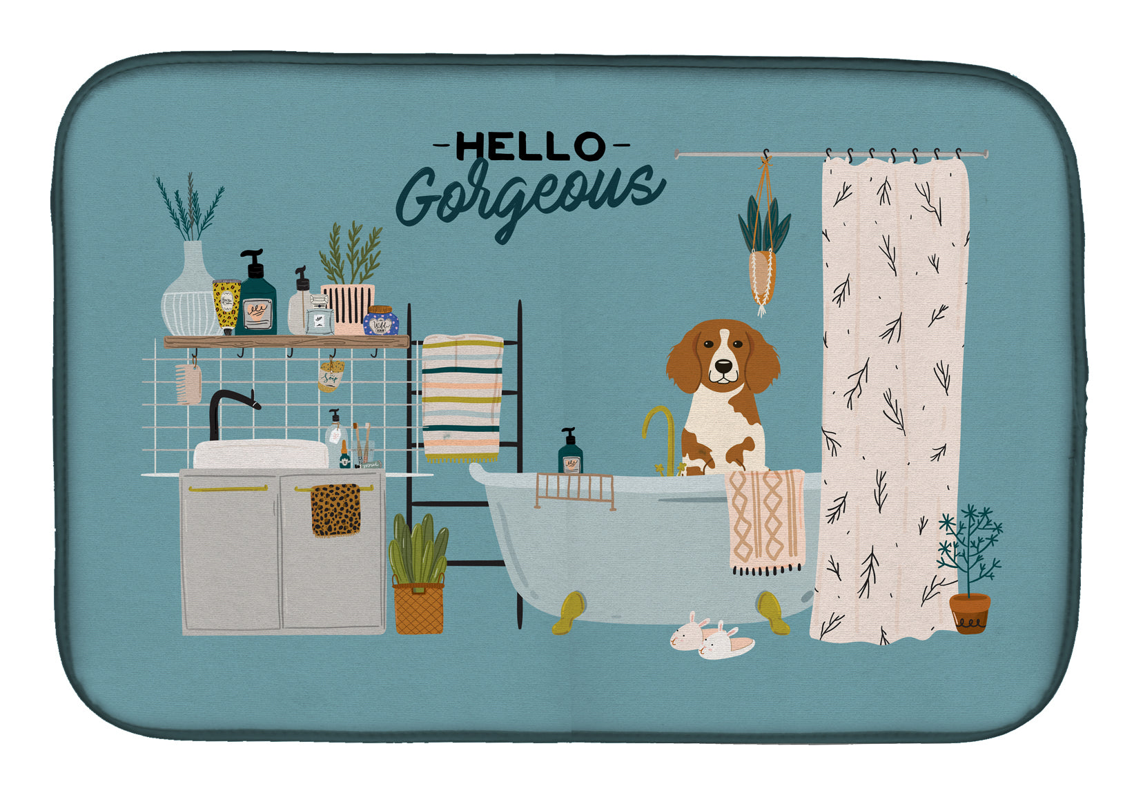 Brittany Spaniel in Bathtub Dish Drying Mat Absorbent Dish Drying Mat Pad for Kitchen Counter Dish Drainer Mat for Countertop, 14 x 21", Multicolor