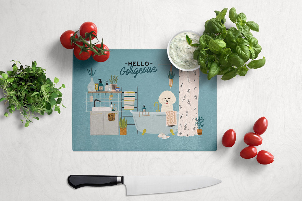 Bichon Frise in Bathtub Cutting Board Tempered Glass Kitchen Cutting Surface, Heat Resistant Chopping, Non-Slip Feet, Food Prep & Serving