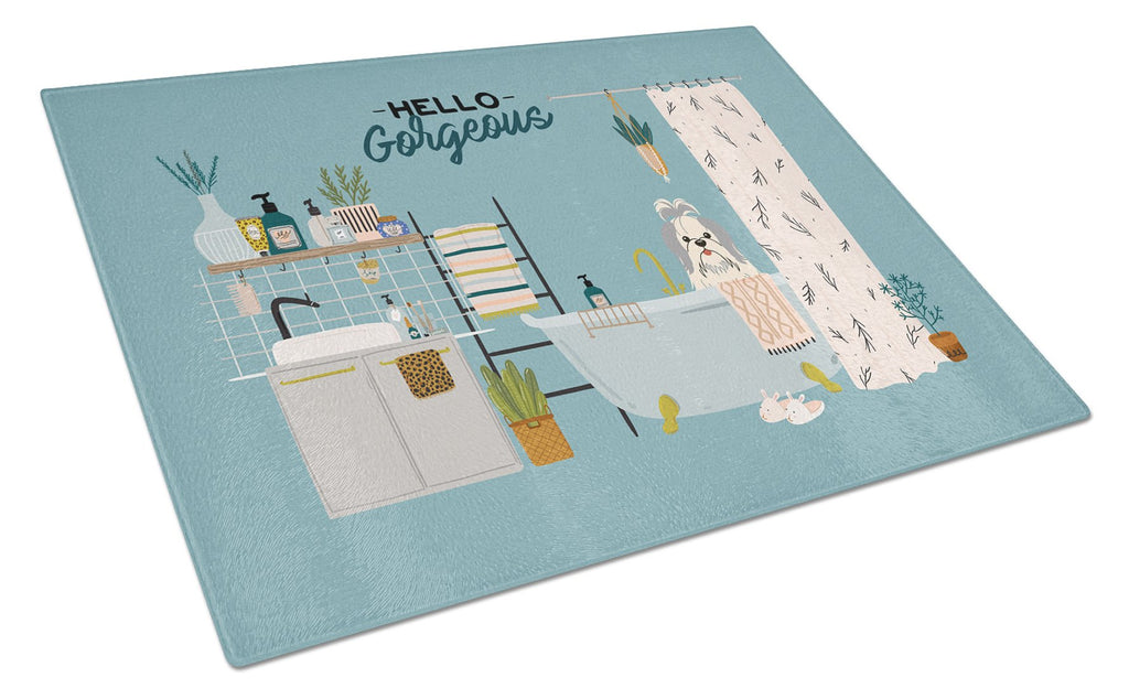 Silver White Shih Tzu in Bathtub Cutting Board Tempered Glass Kitchen Cutting Surface, Heat Resistant Chopping, Non-Slip Feet, Food Prep & Serving