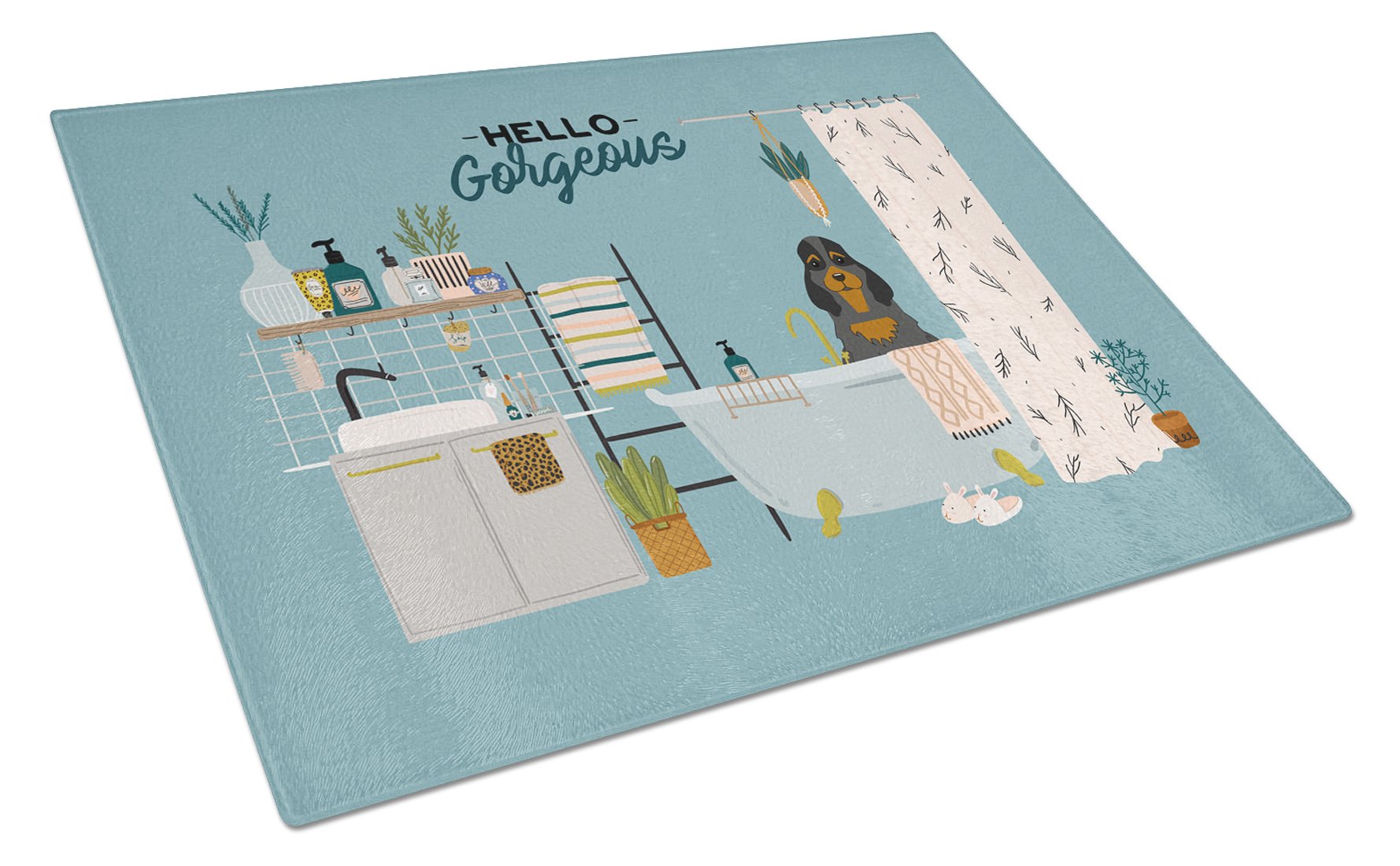 Black Tan Cocker Spaniel in Bathtub Cutting Board Tempered Glass Kitchen Cutting Surface, Heat Resistant Chopping, Non-Slip Feet, Food Prep & Serving