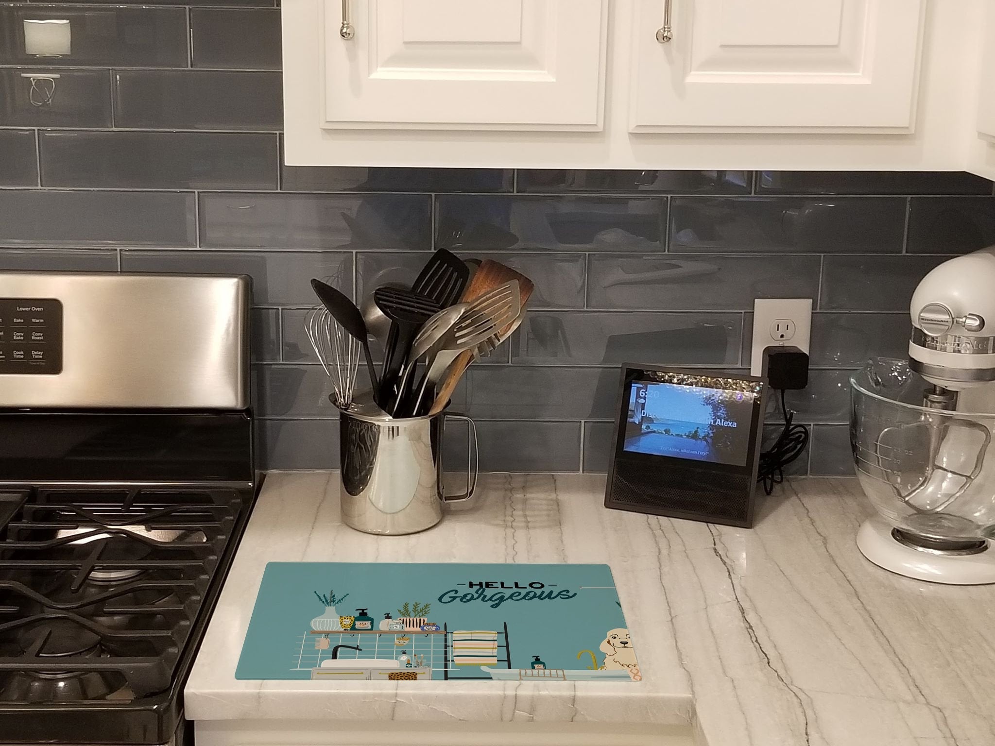 Buff Cocker Spaniel in Bathtub Cutting Board Tempered Glass Kitchen Cutting Surface, Heat Resistant Chopping, Non-Slip Feet, Food Prep & Serving