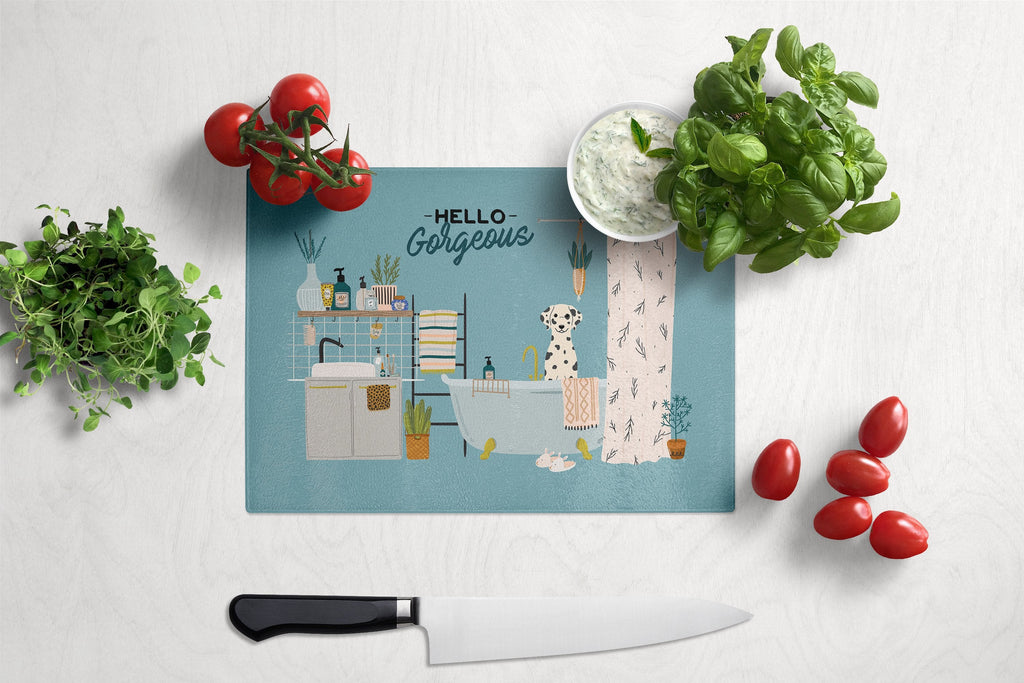 Dalmatian in Bathtub Cutting Board Tempered Glass Kitchen Cutting Surface, Heat Resistant Chopping, Non-Slip Feet, Food Prep & Serving