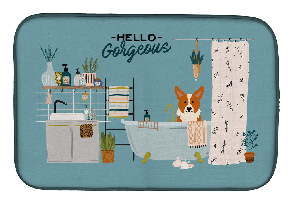 Corgi in Bathtub Dish Drying Mat Absorbent Dish Drying Mat Pad for Kitchen Counter Dish Drainer Mat for Countertop, 14 x 21", Multicolor