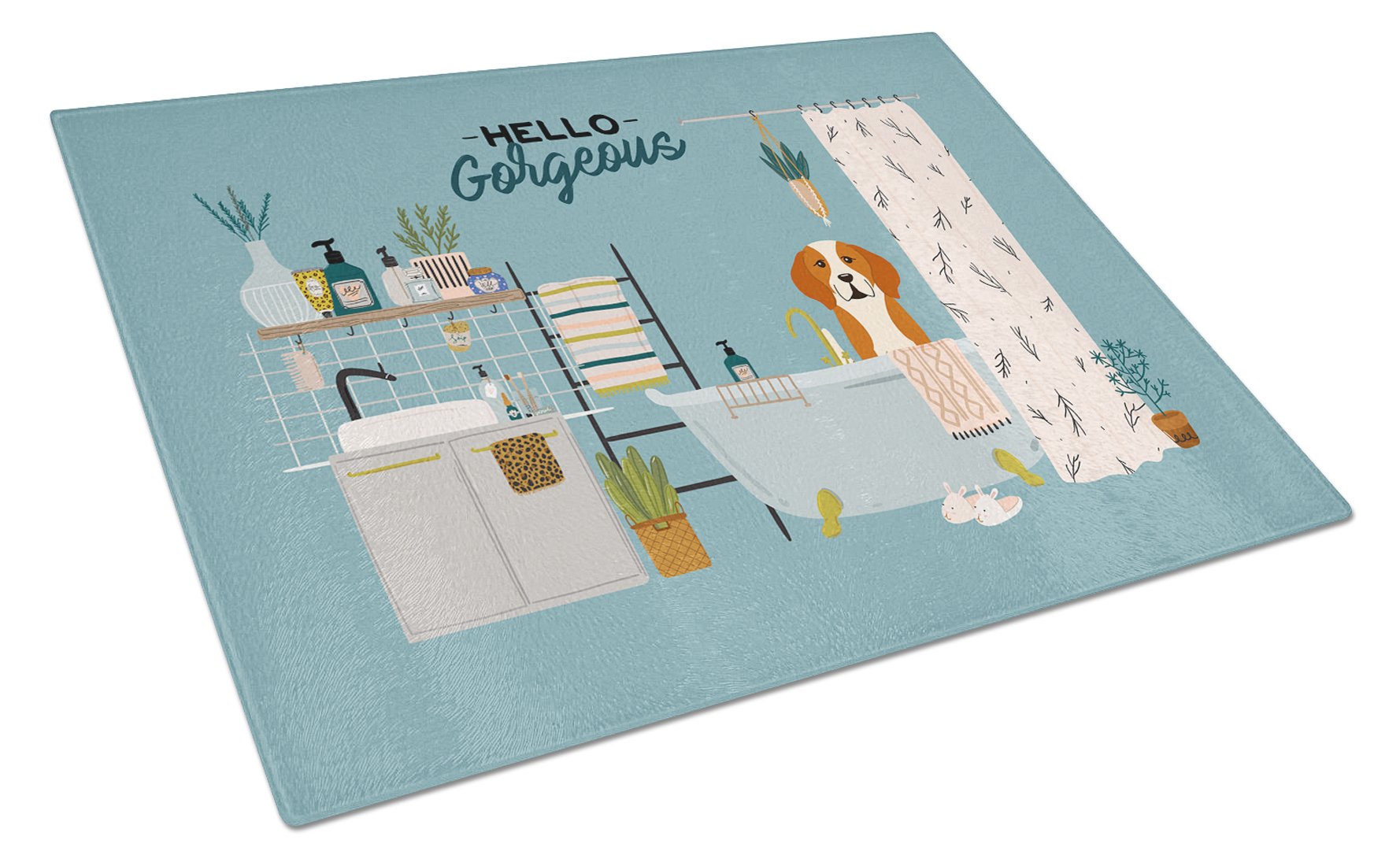English Foxhound in Bathtub Cutting Board Tempered Glass Kitchen Cutting Surface, Heat Resistant Chopping, Non-Slip Feet, Food Prep & Serving