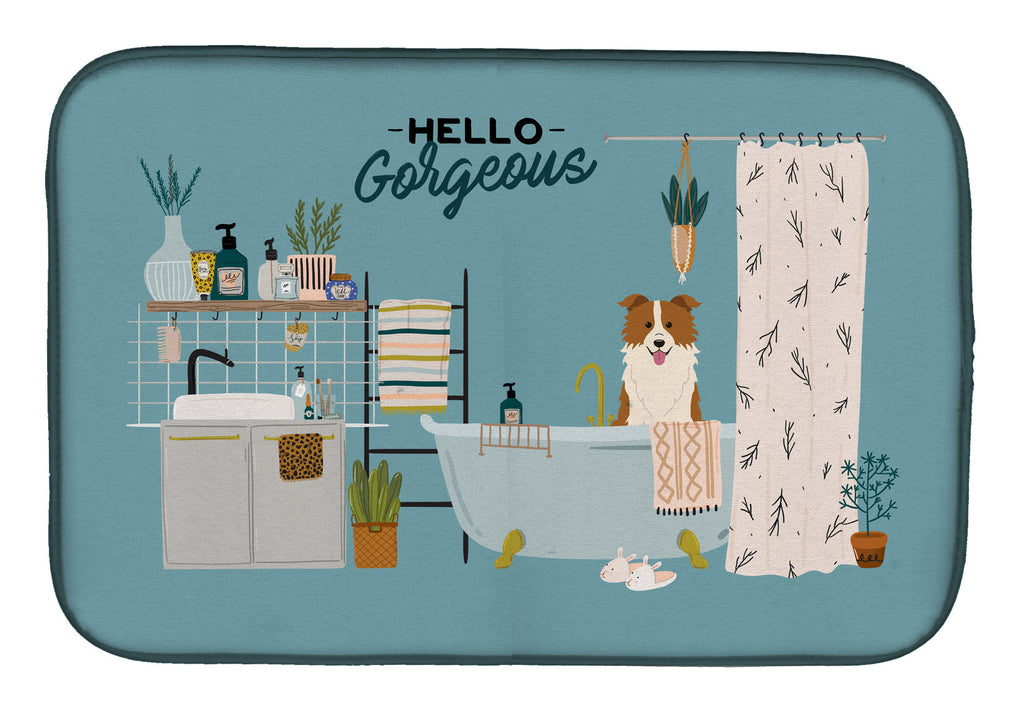 Red White Border Collie in Bathtub Dish Drying Mat Absorbent Dish Drying Mat Pad for Kitchen Counter Dish Drainer Mat for Countertop, 14 x 21", Multicolor