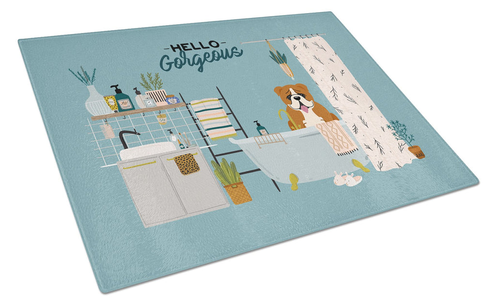 Red White English Bulldog in Bathtub Cutting Board Tempered Glass Kitchen Cutting Surface, Heat Resistant Chopping, Non-Slip Feet, Food Prep & Serving
