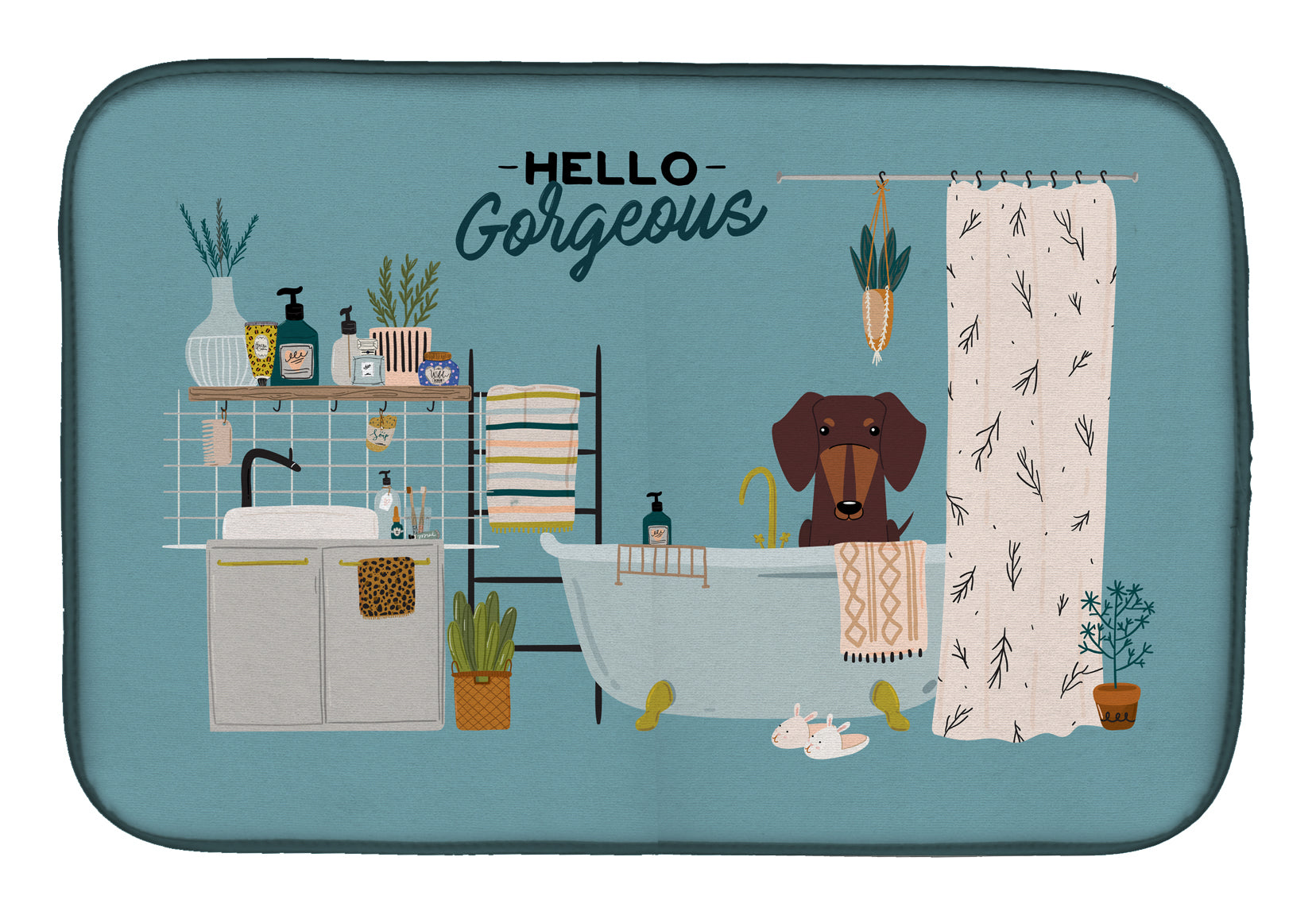 Chocolate Dachshund in Bathtub Dish Drying Mat Absorbent Dish Drying Mat Pad for Kitchen Counter Dish Drainer Mat for Countertop, 14 x 21", Multicolor