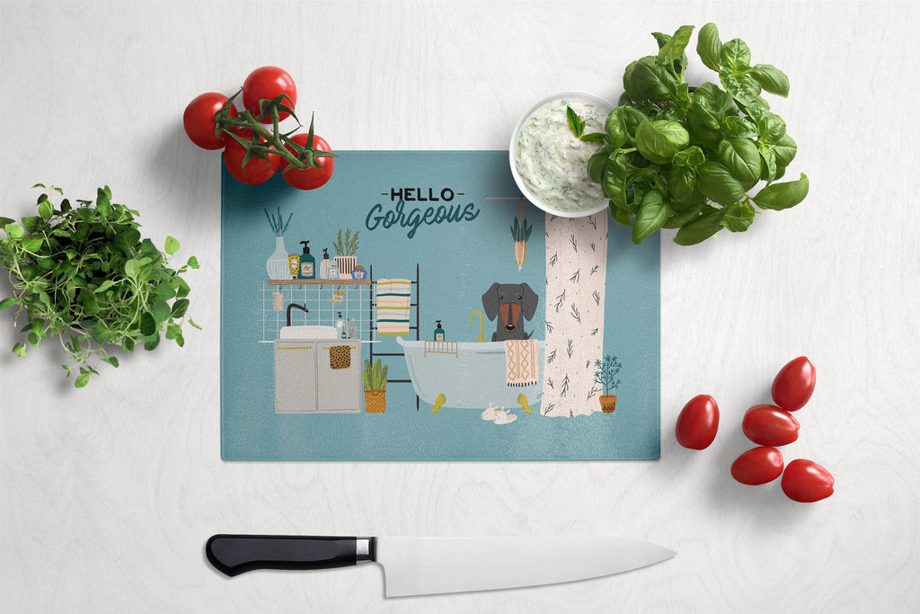 Black Tan Dachshund in Bathtub Cutting Board Tempered Glass Kitchen Cutting Surface, Heat Resistant Chopping, Non-Slip Feet, Food Prep & Serving