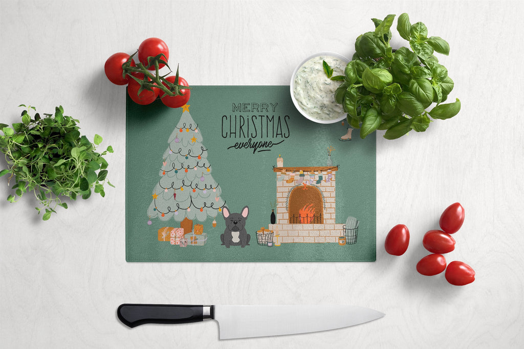 Black French Bulldog Christmas Everyone Cutting Board Tempered Glass Kitchen Cutting Surface, Heat Resistant Chopping, Non-Slip Feet, Food Prep & Serving