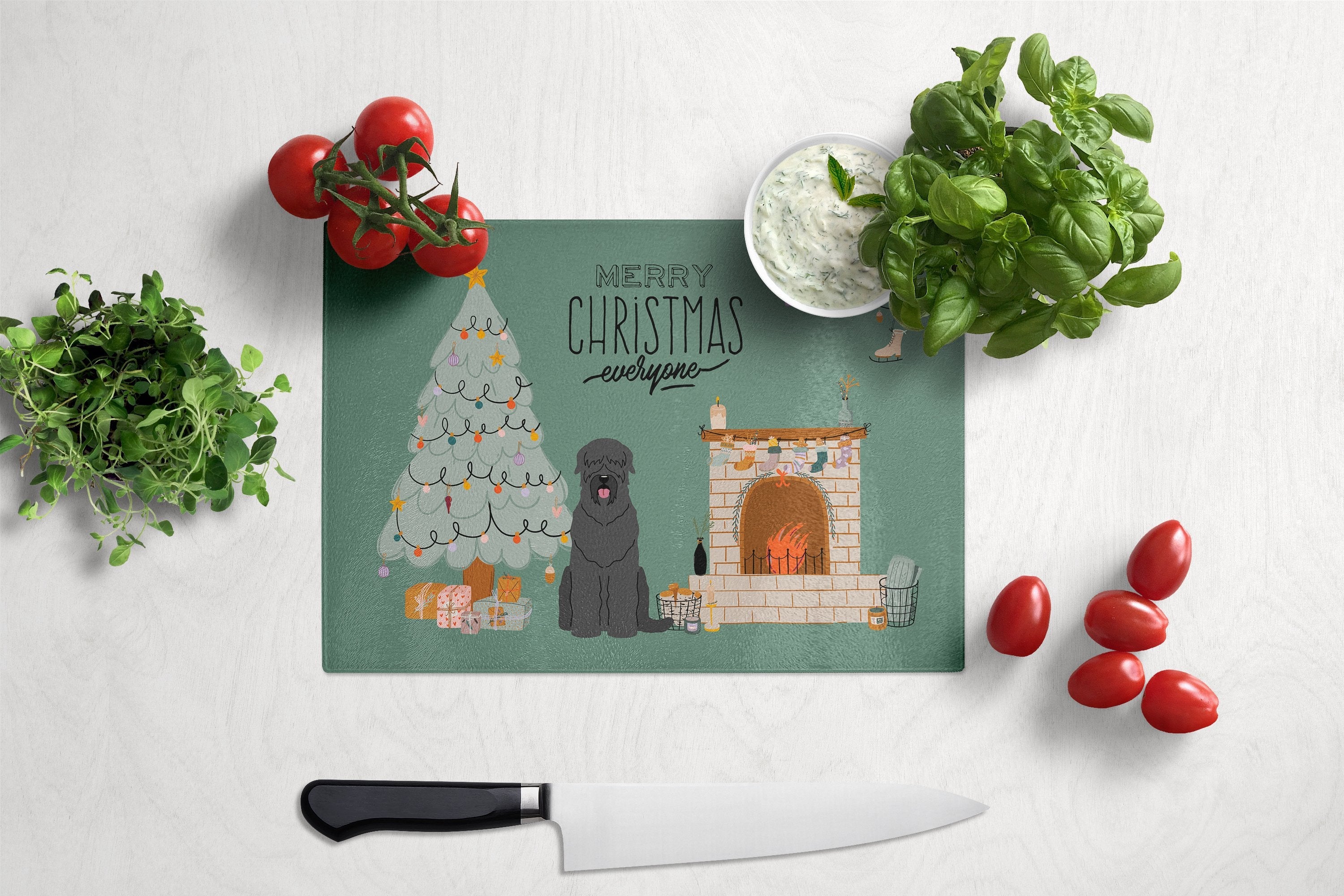 Black Russian Terrier Christmas Everyone Cutting Board Tempered Glass Kitchen Cutting Surface, Heat Resistant Chopping, Non-Slip Feet, Food Prep & Serving