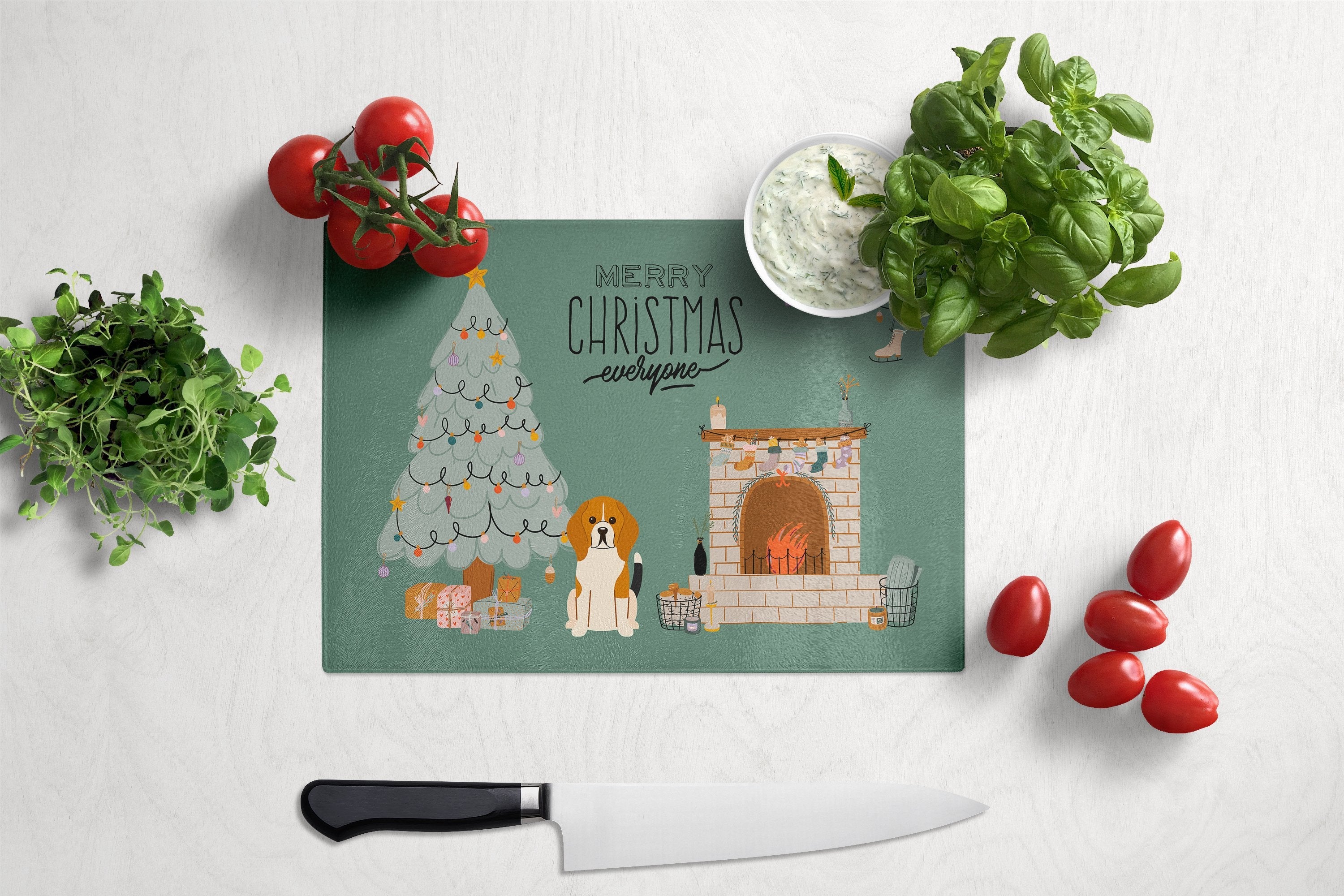 Tricolor Beagle Christmas Everyone Cutting Board Tempered Glass Kitchen Cutting Surface, Heat Resistant Chopping, Non-Slip Feet, Food Prep & Serving