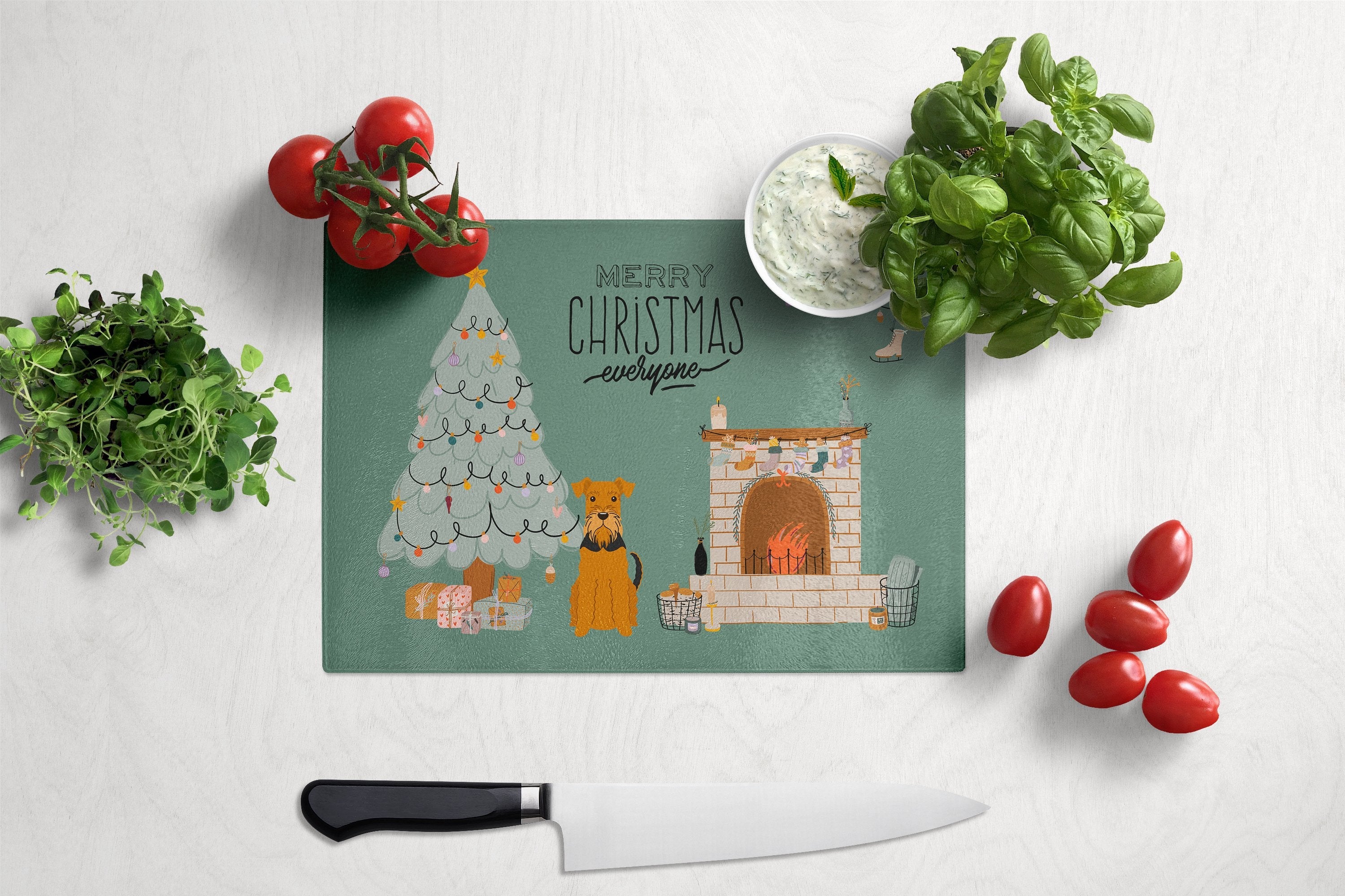 Airedale Christmas Everyone Cutting Board Tempered Glass Kitchen Cutting Surface, Heat Resistant Chopping, Non-Slip Feet, Food Prep & Serving