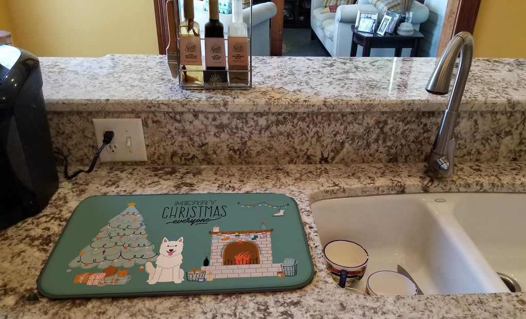 White German Shepherd Christmas Everyone Dish Drying Mat Absorbent Dish Drying Mat Pad for Kitchen Counter Dish Drainer Mat for Countertop, 14 x 21", Multicolor