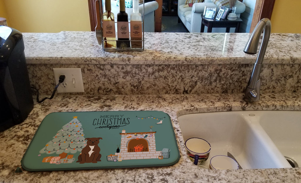 Chocolate Staffordshire Bull Terrier Christmas Everyone Dish Drying Mat Absorbent Dish Drying Mat Pad for Kitchen Counter Dish Drainer Mat for Countertop, 14 x 21", Multicolor