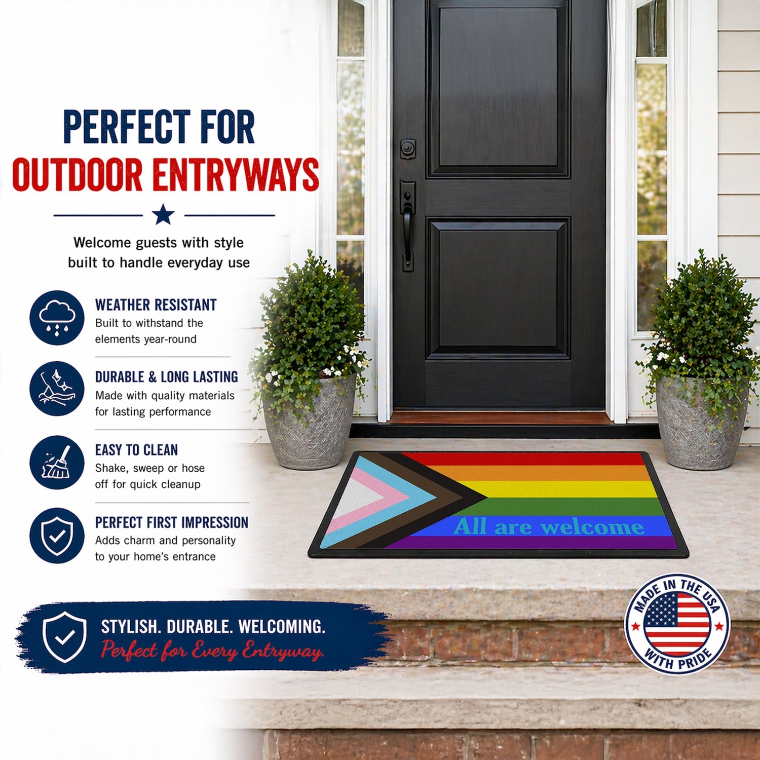 Gay Progress Pride All are Welcome Doormat Indoor Outdoor 24H X 36W Front Door Mat Rugs for Entryway, Non Slip Washable Low Pile,