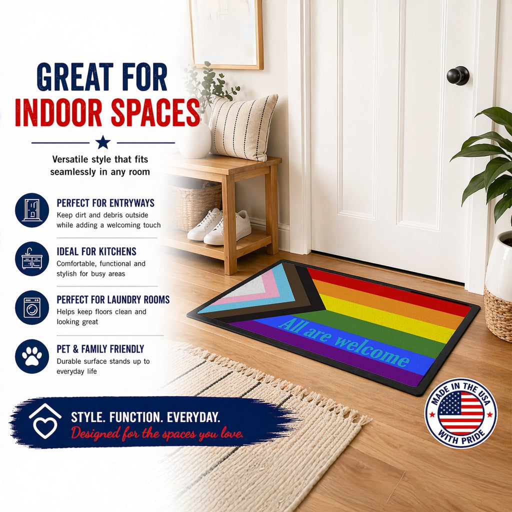 Gay Progress Pride All are Welcome Doormat Indoor Outdoor 18H X 27W Front Door Mat Rugs for Entryway, Non Slip Washable