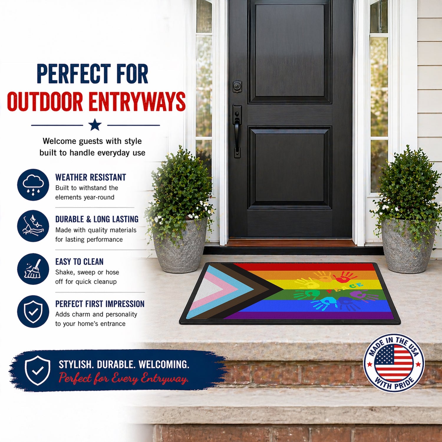 Gay Pride Peace Hands Progress Pride Doormat Indoor Outdoor 18H X 27W Front Door Mat Rugs for Entryway, Non Slip Washable