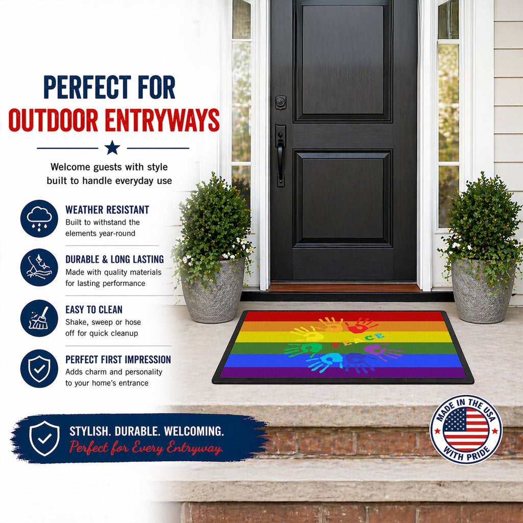 Gay Pride Peace Hands Doormat Indoor Outdoor 18H X 27W Front Door Mat Rugs for Entryway, Non Slip Washable