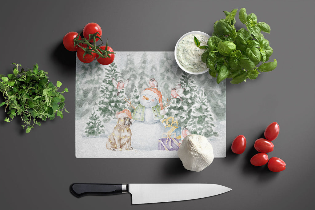 French Bulldog Fawn Snowman and Christmas Presents Cutting Board Tempered Glass Kitchen Cutting Surface, Heat Resistant Chopping, Non-Slip Feet, Food Prep & Serving