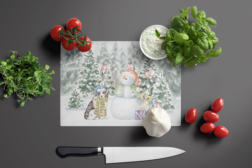 Australian Shepherd Puppy Blue Merle Christmas Cutting Board Tempered Glass Kitchen Cutting Surface, Heat Resistant Chopping, Non-Slip Feet, Food Prep & Serving