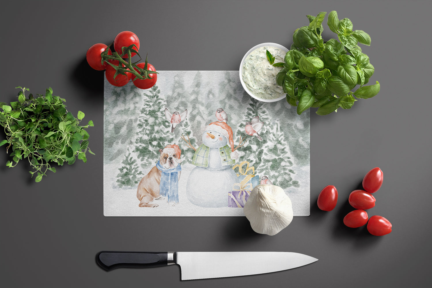 Bulldog Fawn and White Christmas Cutting Board Tempered Glass Kitchen Cutting Surface, Heat Resistant Chopping, Non-Slip Feet, Food Prep & Serving