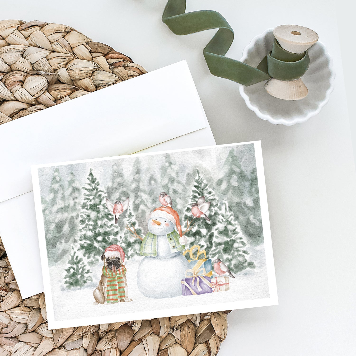 Pug Fawn Smiling Christmas Greeting Cards Pack of 8 Blank Cards with Envelopes Whimsical A7 Size 5x7