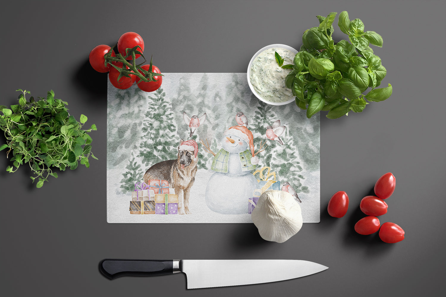 German Shepherd Christmas Cutting Board Tempered Glass Kitchen Cutting Surface, Heat Resistant Chopping, Non-Slip Feet, Food Prep & Serving