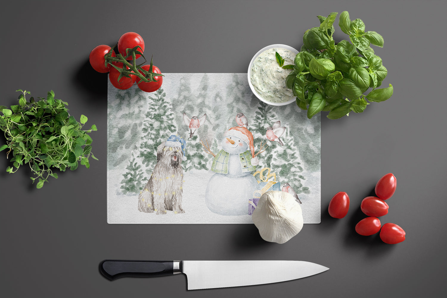 Briard Smiling Christmas Cutting Board Tempered Glass Kitchen Cutting Surface, Heat Resistant Chopping, Non-Slip Feet, Food Prep & Serving