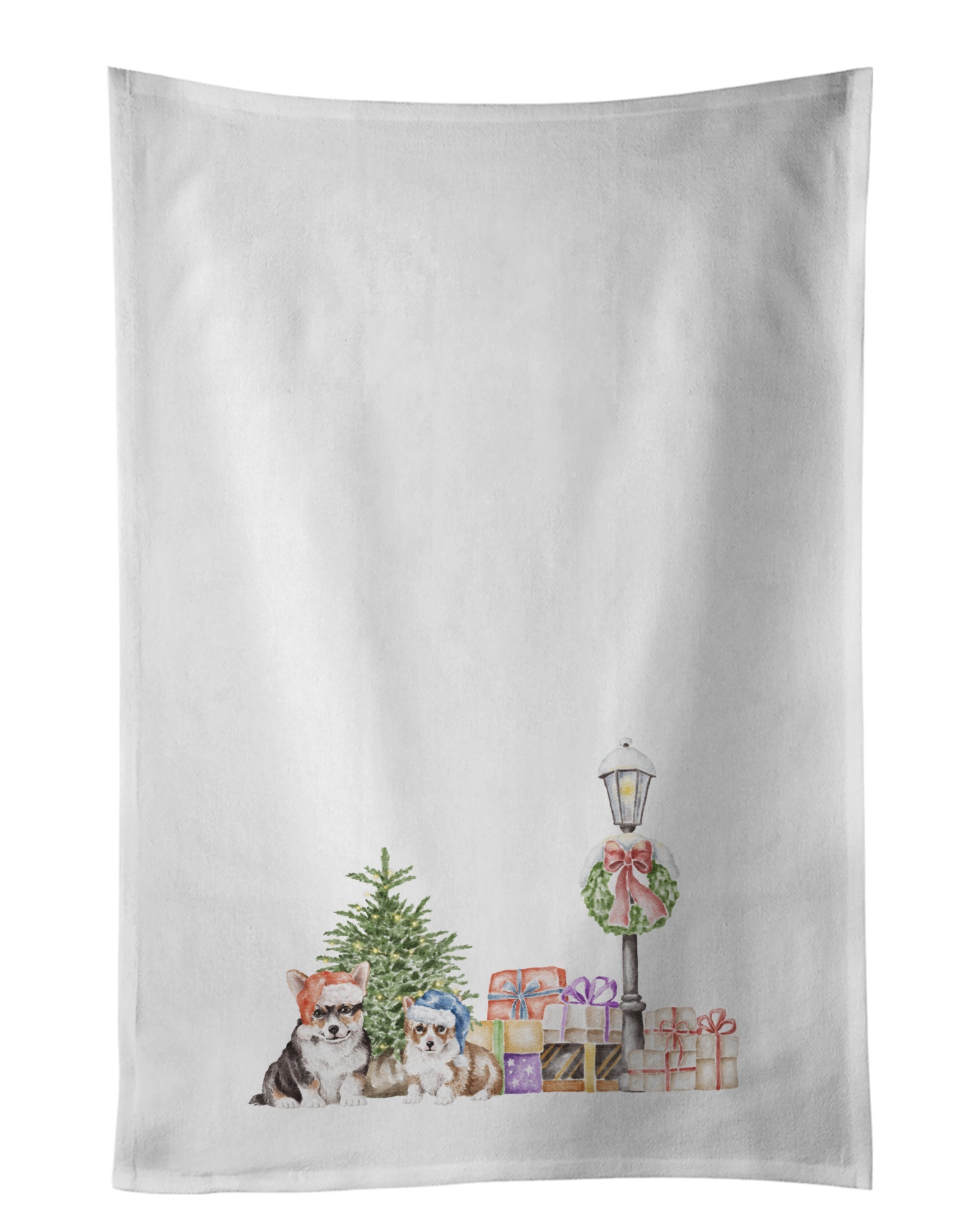 Corgi Tricolor and Puppy with Christmas Wonderland Kitchen Towel Set of 2 White Dish Towels Decorative Bathroom Hand towel for Hand, Face, Hair, Yoga, Tea, Dishcloth, 19 X 28", White