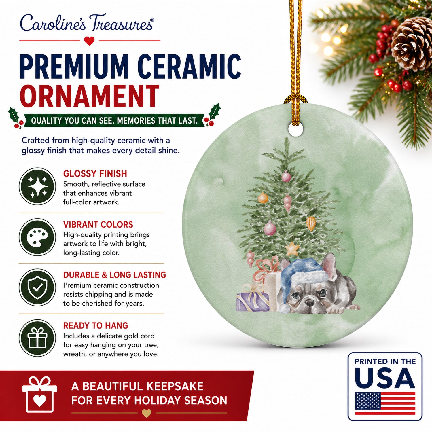 French Bulldog Black #1 Christmas Presents and Tree Ceramic Ornament Christmas Tree Hanging Decorations for Home Christmas Holiday, Party, Gift, 3 in, Multicolor
