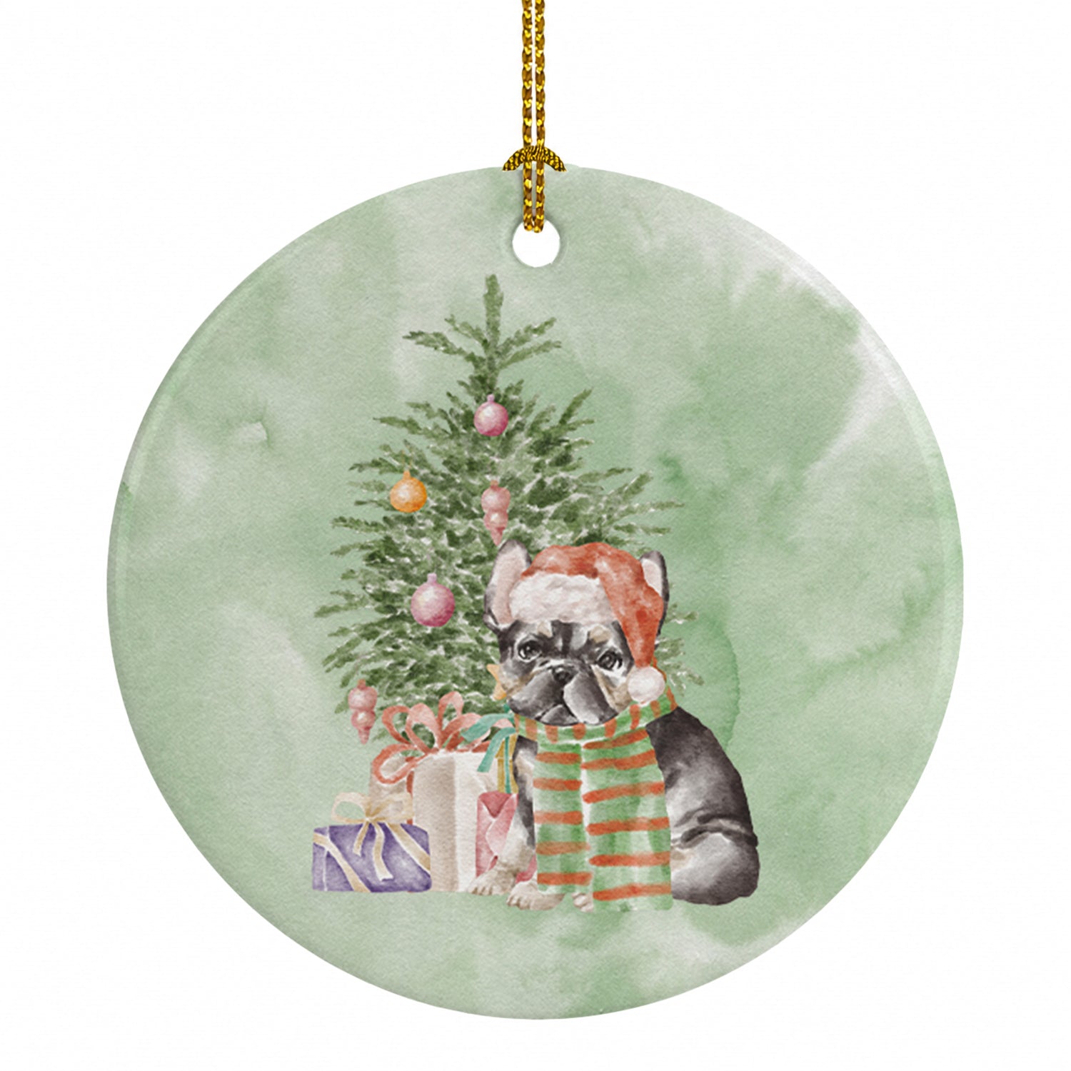French Bulldog Black #2 Christmas Presents and Tree Ceramic Ornament Christmas Tree Hanging Decorations for Home Christmas Holiday, Party, Gift, 3 in, Multicolor