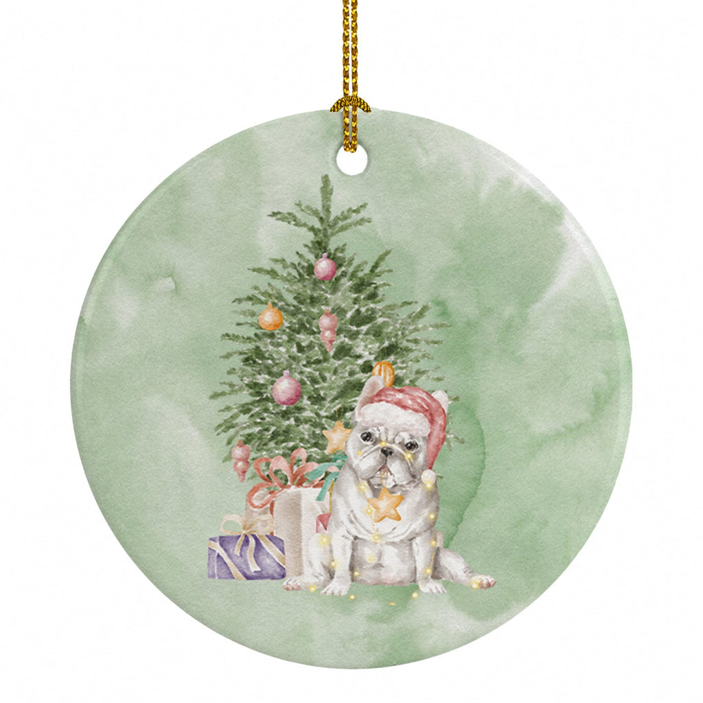French Bulldog White Christmas Presents and Tree Ceramic Ornament Christmas Tree Hanging Decorations for Home Christmas Holiday, Party, Gift, 3 in, Multicolor