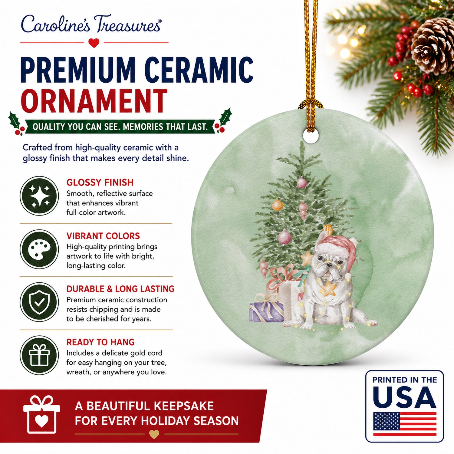 French Bulldog White Christmas Presents and Tree Ceramic Ornament Christmas Tree Hanging Decorations for Home Christmas Holiday, Party, Gift, 3 in, Multicolor