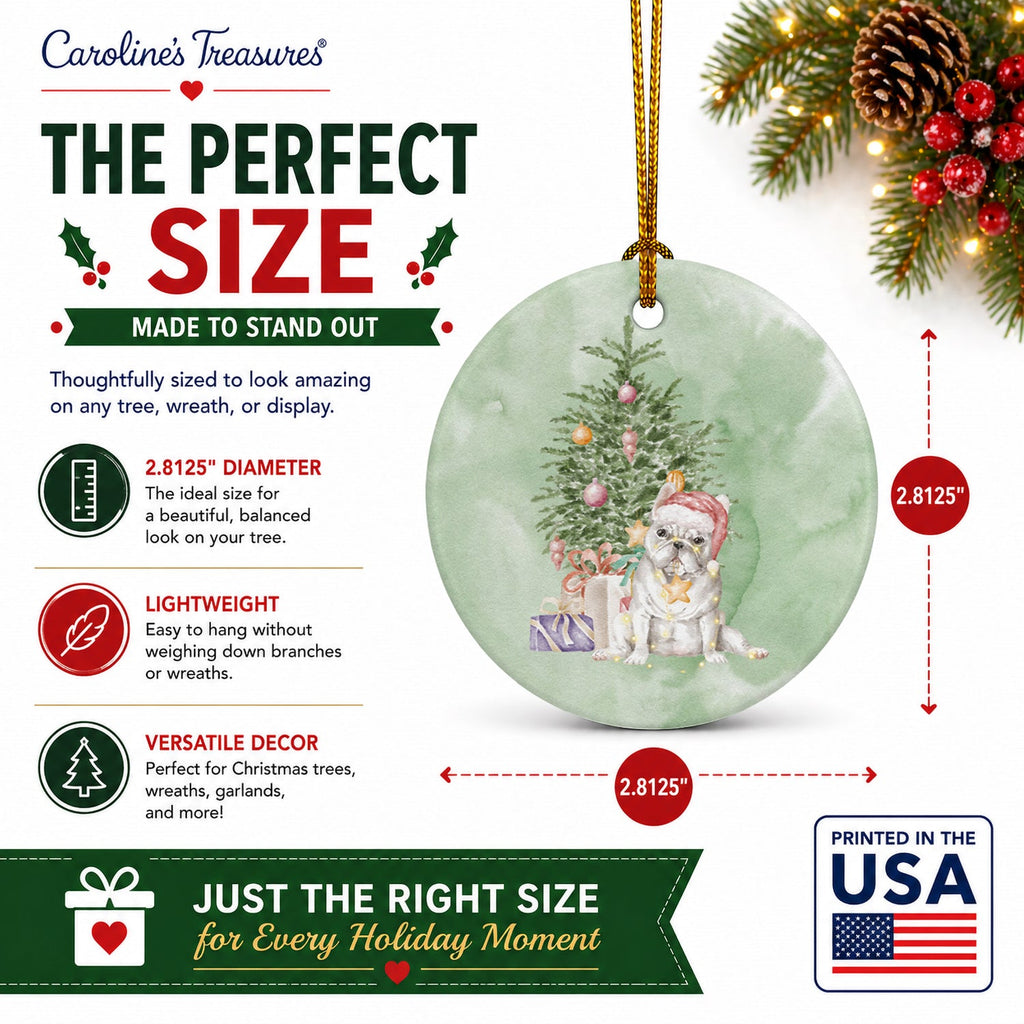 French Bulldog White Christmas Presents and Tree Ceramic Ornament Christmas Tree Hanging Decorations for Home Christmas Holiday, Party, Gift, 3 in, Multicolor