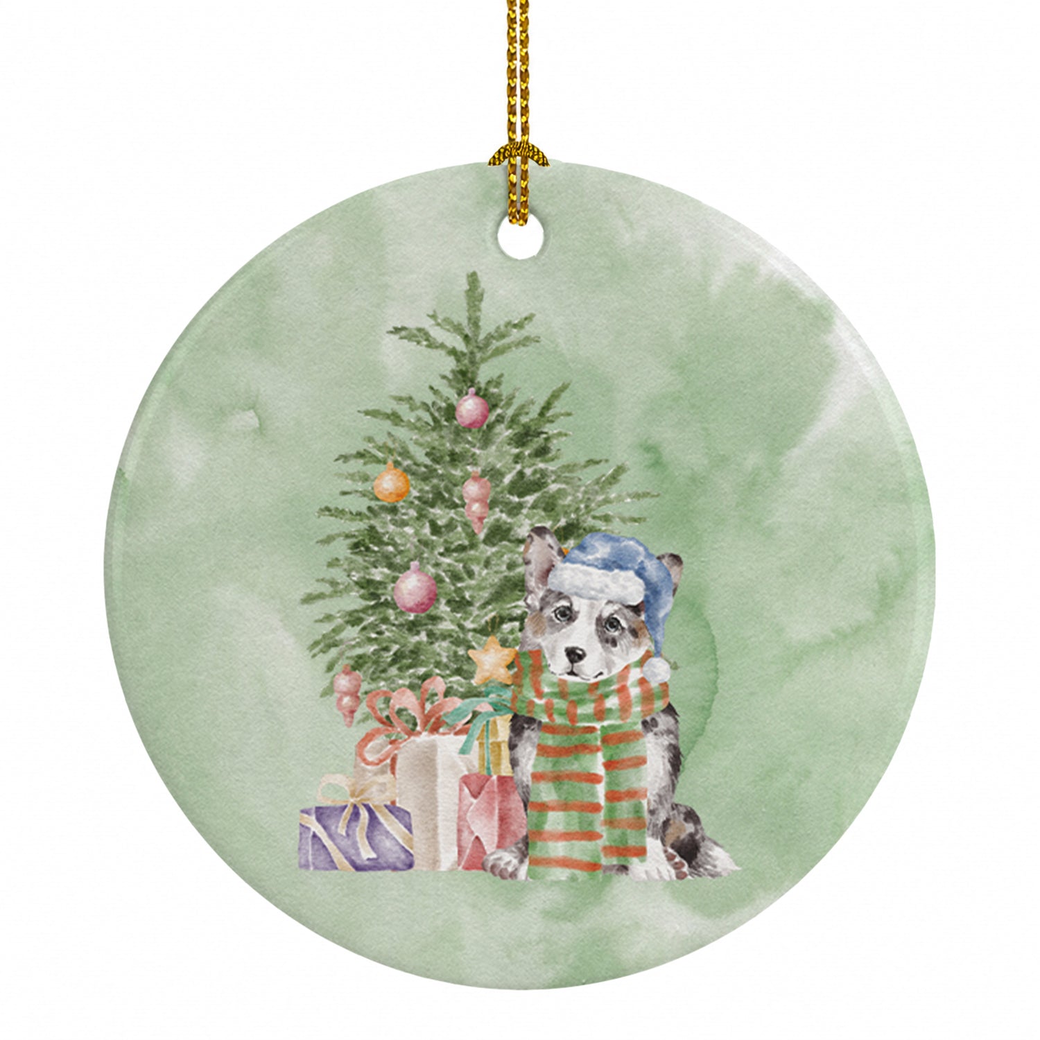 Corgi Cardigan Blue Merle Christmas Presents and Tree Ceramic Ornament Christmas Tree Hanging Decorations for Home Christmas Holiday, Party, Gift, 3 in, Multicolor