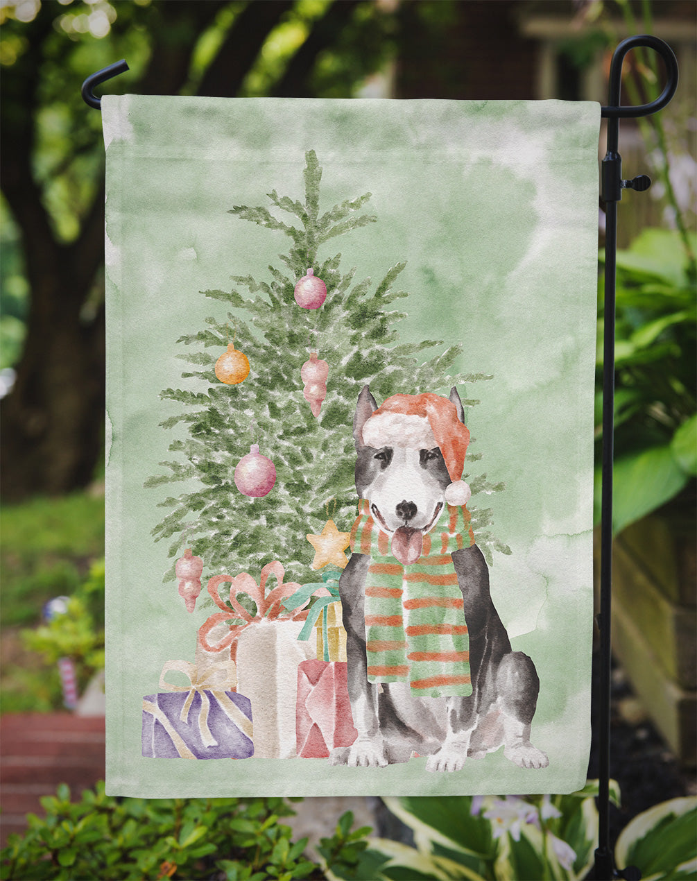 Bull Terrier Black Christmas Presents and Tree Garden Flag Mailbox Decorative Yard Banner Outside Patio Artwork for Flower Beds, Garden Size, Multicolor