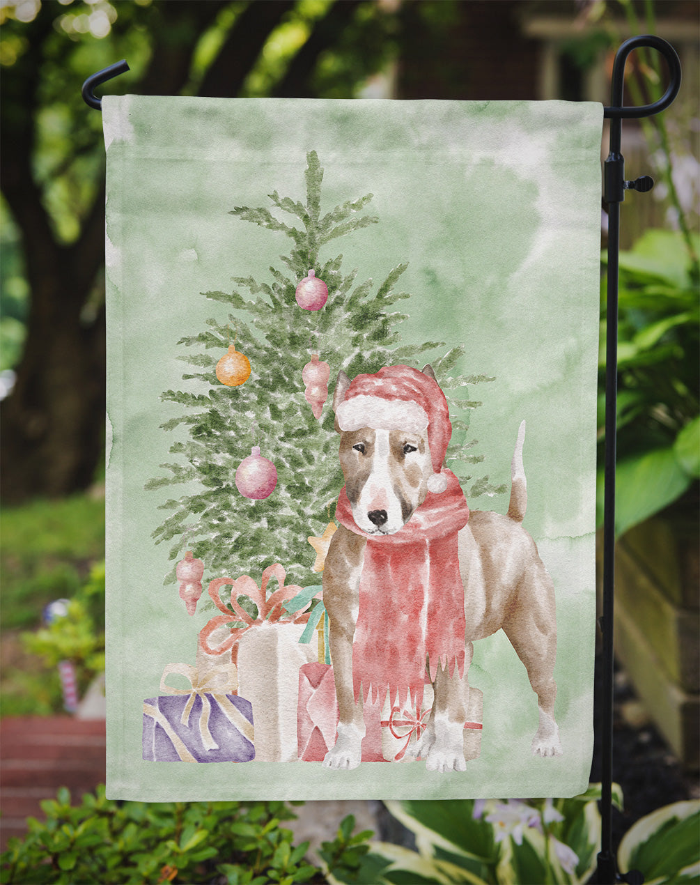 Bull Terrier Red Christmas Presents and Tree Garden Flag Mailbox Decorative Yard Banner Outside Patio Artwork for Flower Beds, Garden Size, Multicolor