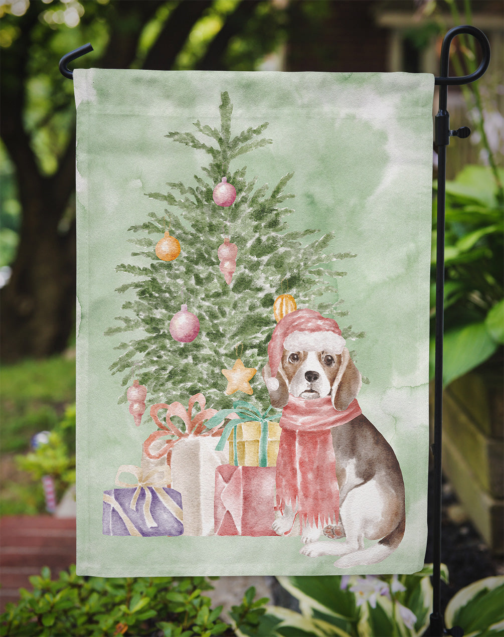 Beagle Puppy Christmas Presents and Tree Garden Flag Mailbox Decorative Yard Banner Outside Patio Artwork for Flower Beds, Garden Size, Multicolor