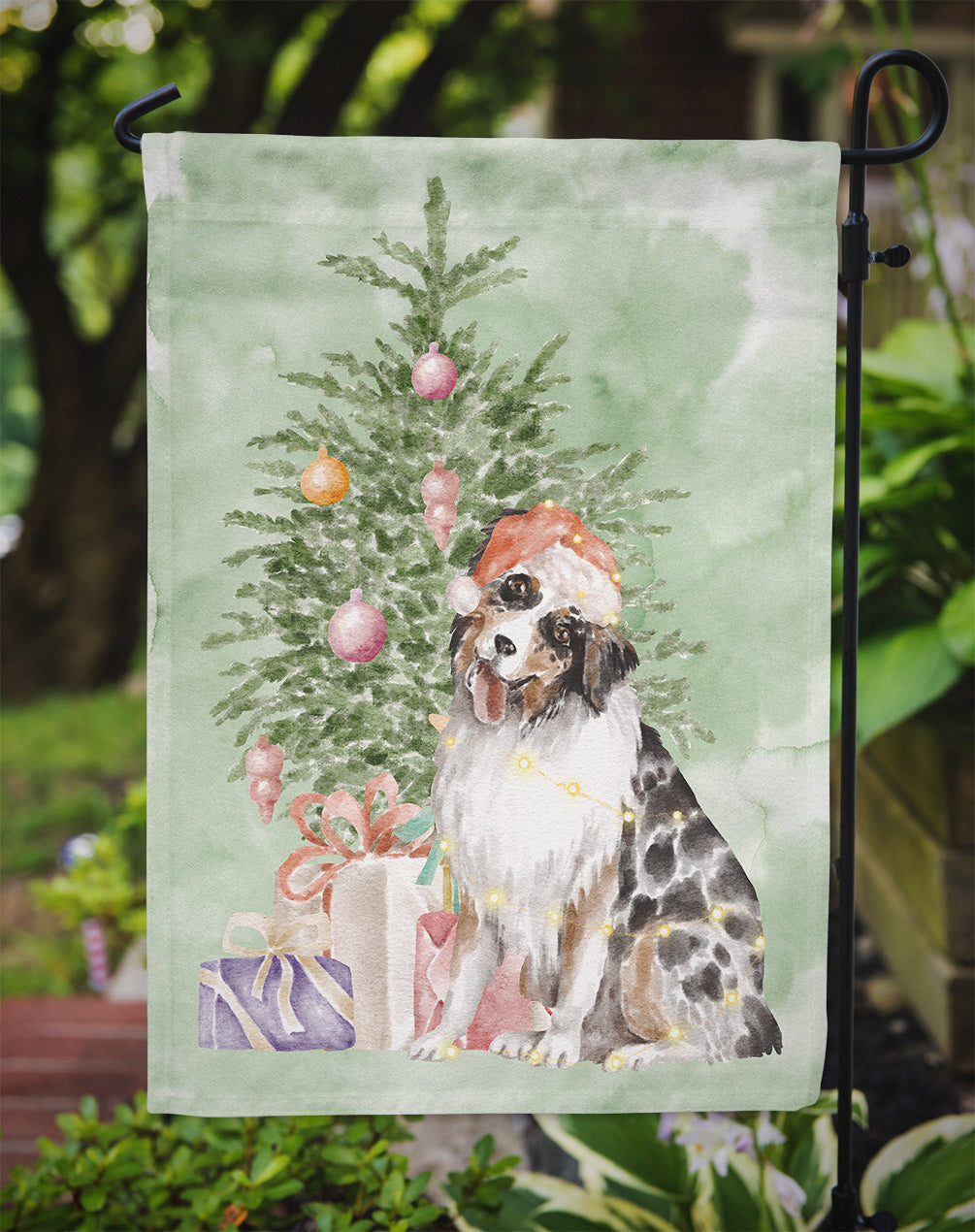 Australian Shepherd #2 Christmas Presents and Tree Garden Flag Mailbox Decorative Yard Banner Outside Patio Artwork for Flower Beds, Garden Size, Multicolor