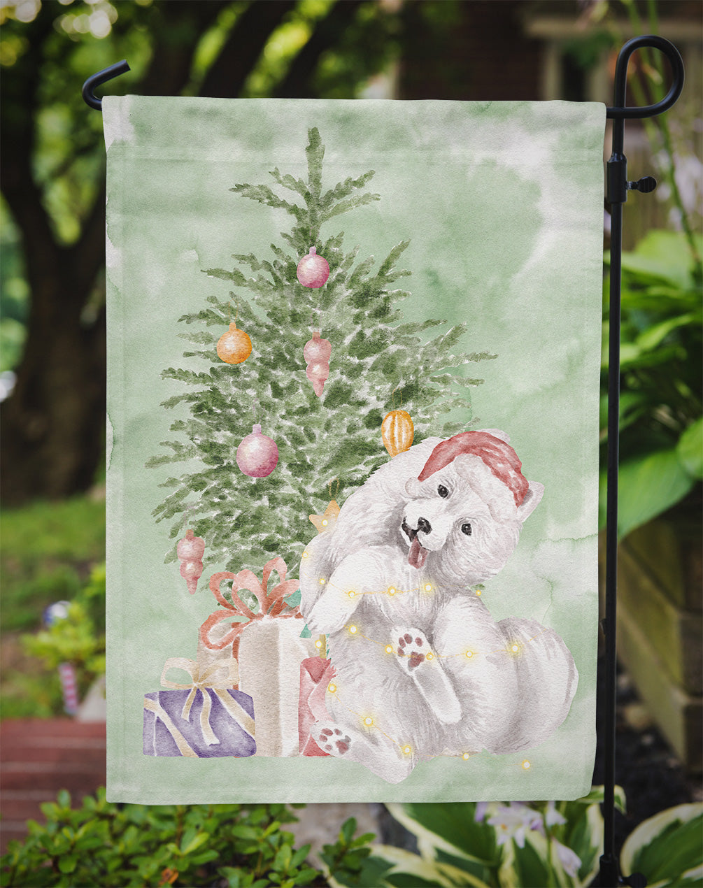 Samoyed Caught Up Christmas Presents and Tree Garden Flag Mailbox Decorative Yard Banner Outside Patio Artwork for Flower Beds, Garden Size, Multicolor