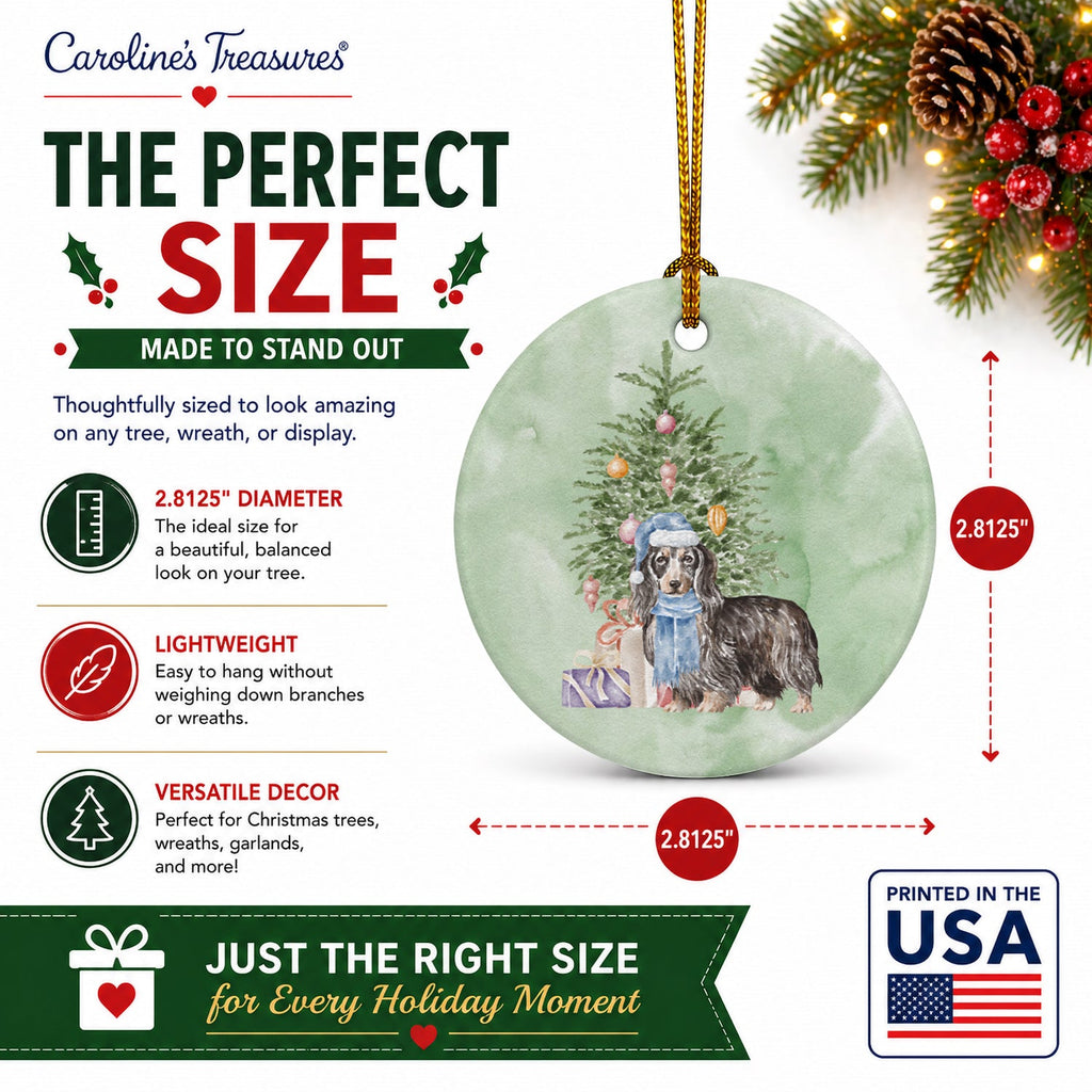 Dachshund Longhair Black Tan Christmas Presents and Tree Ceramic Ornament Christmas Tree Hanging Decorations for Home Christmas Holiday, Party, Gift, 3 in, Multicolor