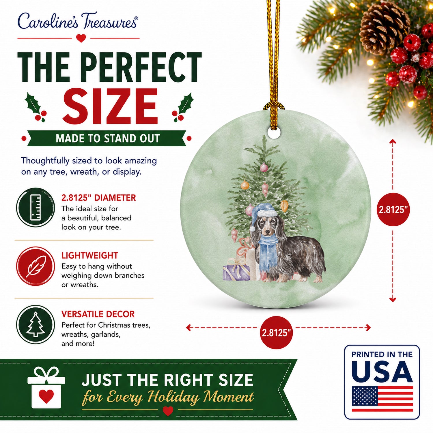 Dachshund Longhair Black Tan Christmas Presents and Tree Ceramic Ornament Christmas Tree Hanging Decorations for Home Christmas Holiday, Party, Gift, 3 in, Multicolor